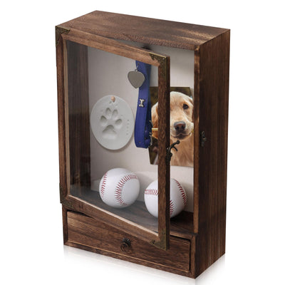 Pet Memorial Shadow Box with Drawer, Alphanumeric Molds & Air-Dry Clay, Deep Wooden Display Case for Dog Collar, Toys, Photos, Keepsakes, 11x16x3.7 Inch Frame for Custom Pet Memorial Gifts