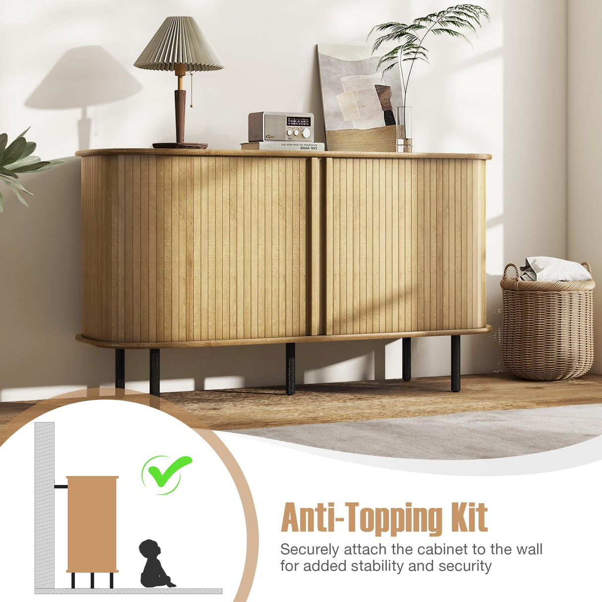 LOKO Kitchen Sideboard Buffet Cabinet, Credenza Storage Cabinet with Sliding Tambour Doors, Adjustable Shelves, Mid Century Modern Console Table for Living Room, Entryway LOKO