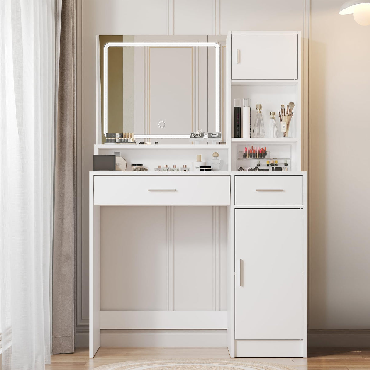 MIRROTOWEL Vanity Desk with Mirror and LED Light Strip,Dressing Table with Large Drawer, 3 Level Storage Dresser & 3 Lighting Modes Adjustable Brightness, Suitable for Bedroom MIRROTOWEL