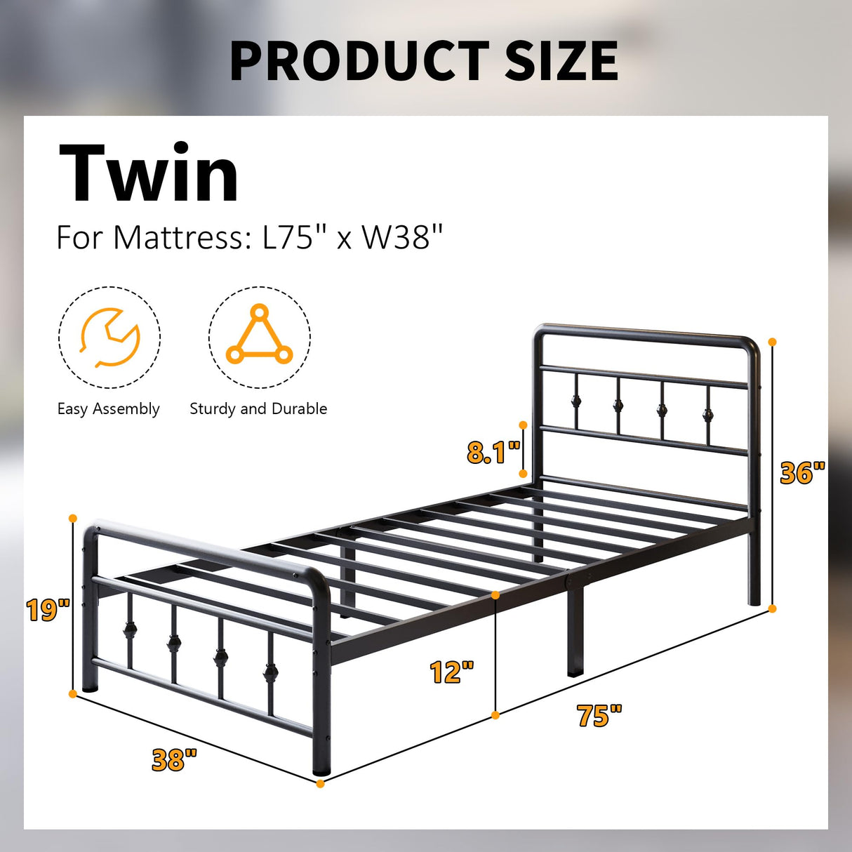 Lutown-Teen 12 Inch Twin Bed Frames with Victorian Vintage Headboard and Footboard, No Box Spring Needed, Heavy Duty Metal Mattress Foundation, Noise Free, Easy Assembly, Black Lutown-Teen