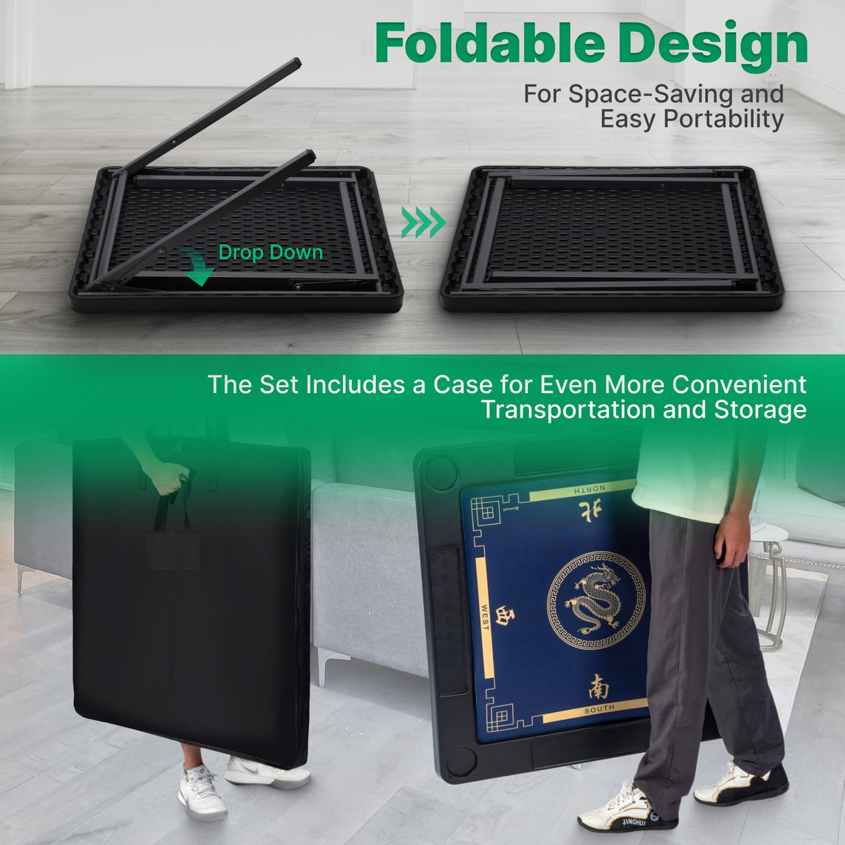 Queensell 35" Folding Game Table, Domino Table, Mahjong Table with Heavy-Duty Legs - 35 x 35 x 27 Inches with Storage Bag Double Sided Mat Queensell