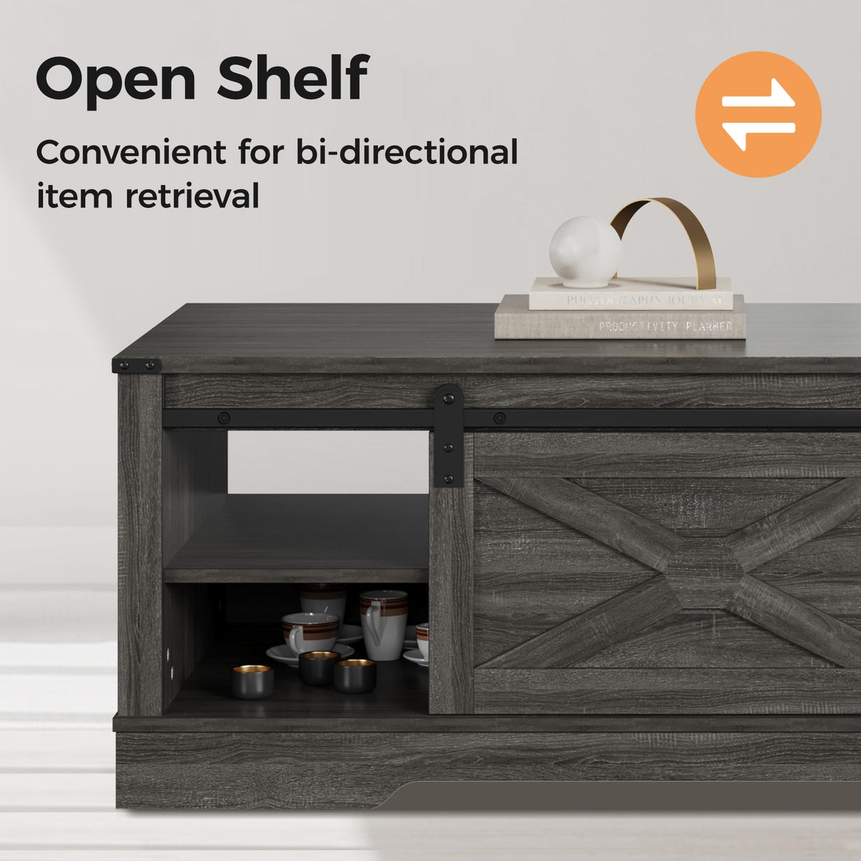 RoyalCraft Farmhouse Coffee Table with Storage and Sliding Barn Door, 48'' Rustic Living Room Table with Open Shelves, Rectangular Center Table for Living Meeting Room, Drak Grey RoyalCraft