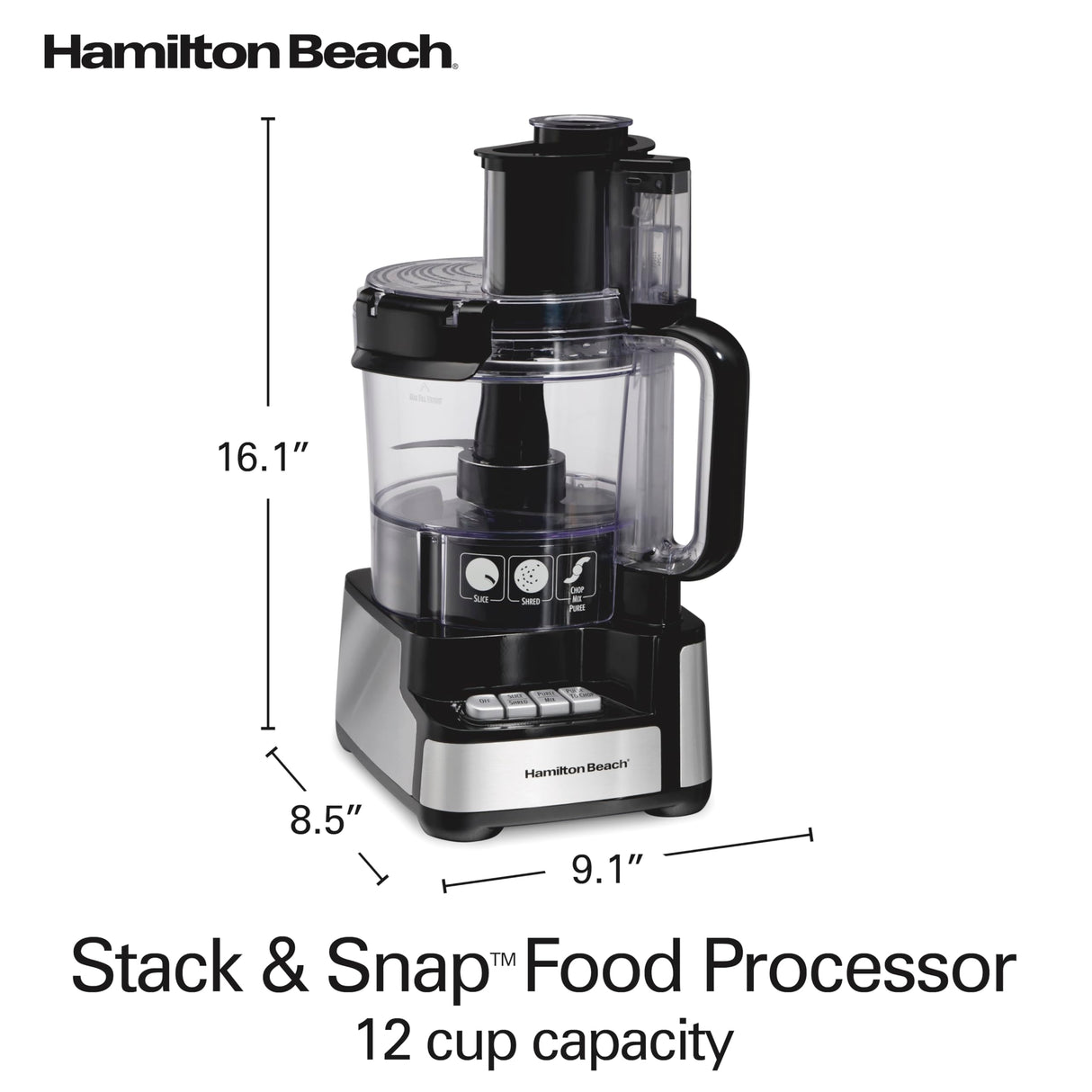 Hamilton Beach Stack & Snap Food Processor and Vegetable Chopper, BPA Free, Stainless Steel Blades, 12 Cup Bowl, 2-Speed 450 Watt Motor, Black (70725A) Hamilton Beach