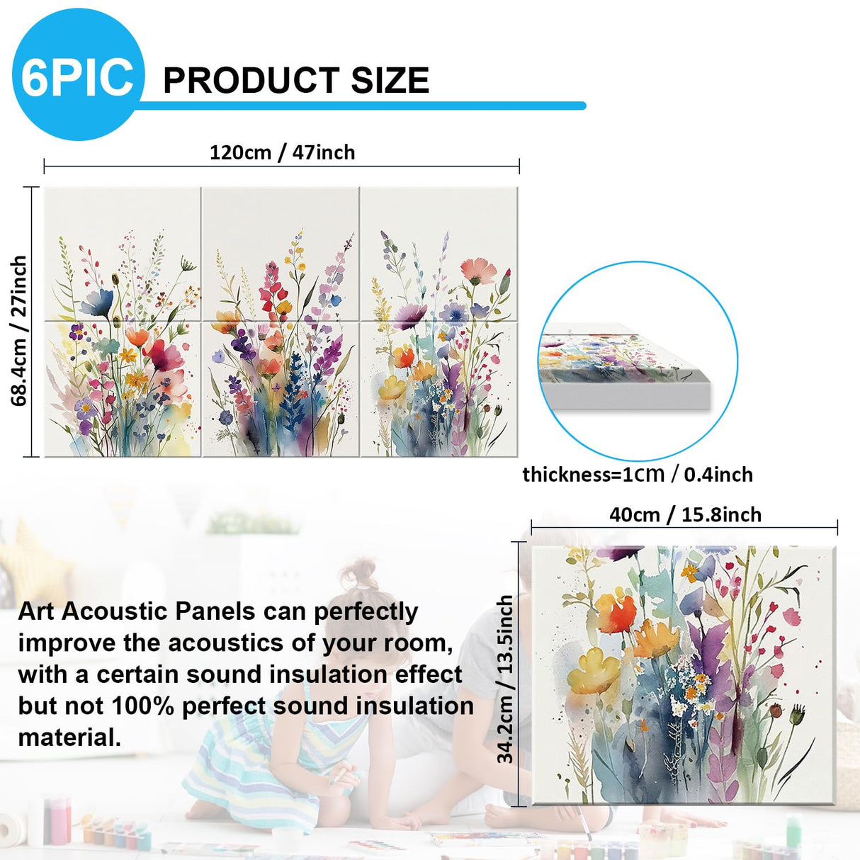JBER Art Acoustic Panels, 6 Pack Self-Adhesive Large Wall Art Paintings for Wall Decoration, Sound Absorbing Panels for Recording Studio, Living room, Bathroom, 47.2" x 27" (Wild Flowers) JBER