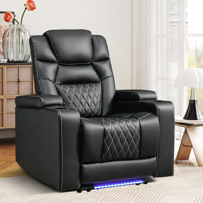 ANJ Power Recliner Chair with USB Port, Electric PU Leather Home Theater Seating for Living Room, Movie Reclining Chairs with Blue Ambient Lighting, Hidden Arm Storage, Cup Holders (Black)