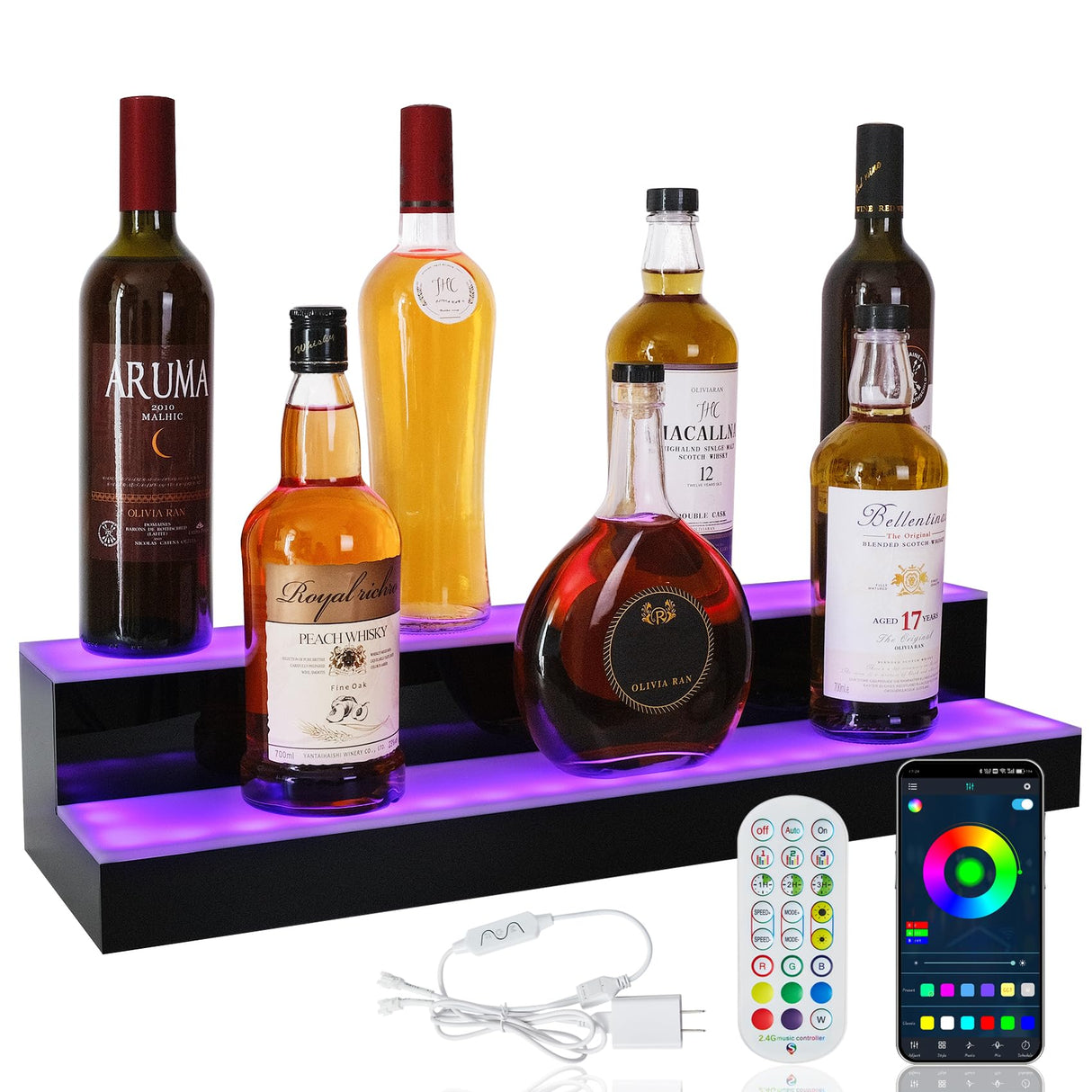 ClarityCraze LED Lighted Liquor Bottle Display Shelf, 2 Tiers 24 Inch Bar Bottle Display Shelf with Remote and App Control for Home Bar Party Whiskey Wine Coffee Syrup Water Bottle Display ClarityCraze