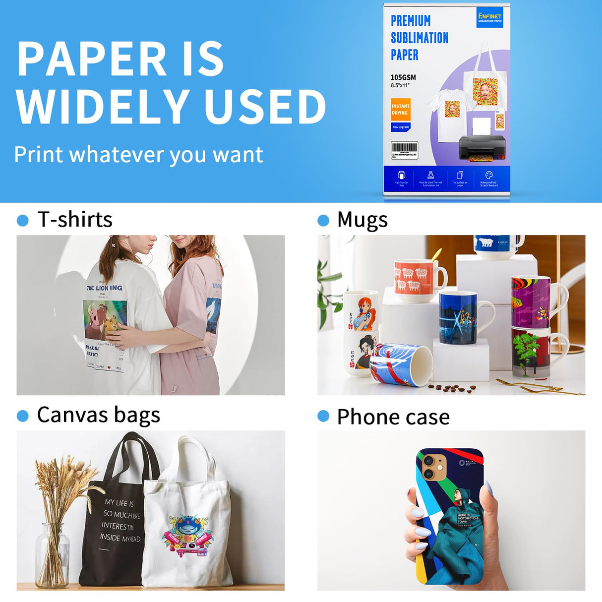 Sublimation Paper 8.5 x 11 inches - 125 Sheets 105gsm Compatible with Any Inkjet Printer For DIY Unique Holiday Birthdays Gifts Enfinet