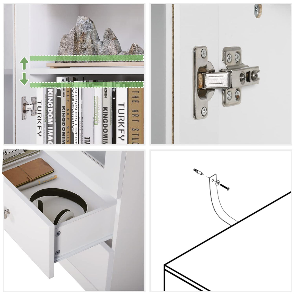 YIGOBUY White Bookcase with Glass Doors 4-Tier Tall Bookshelf with Cabinet and Drawers Wood Curio Storage Cabinets Wide 4 Cube Storage Organizer for Living Room Bedroom Bathroom Office Kitchen YIGOBUY