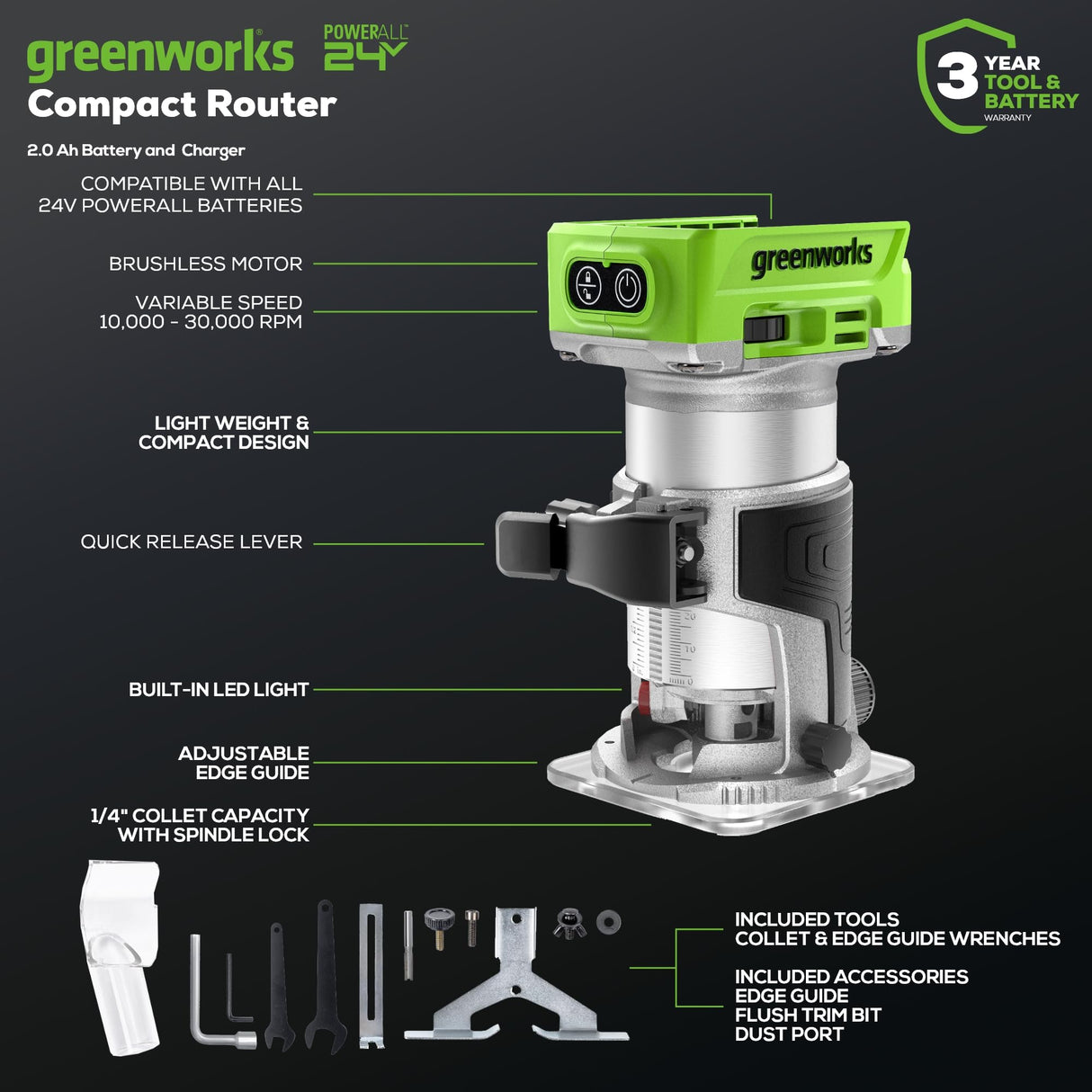 Greenworks 24V Cordless Trim Router, Variable Speed Brushless Motor Compact Palm Router with 2Ah Battery and Charger Greenworks