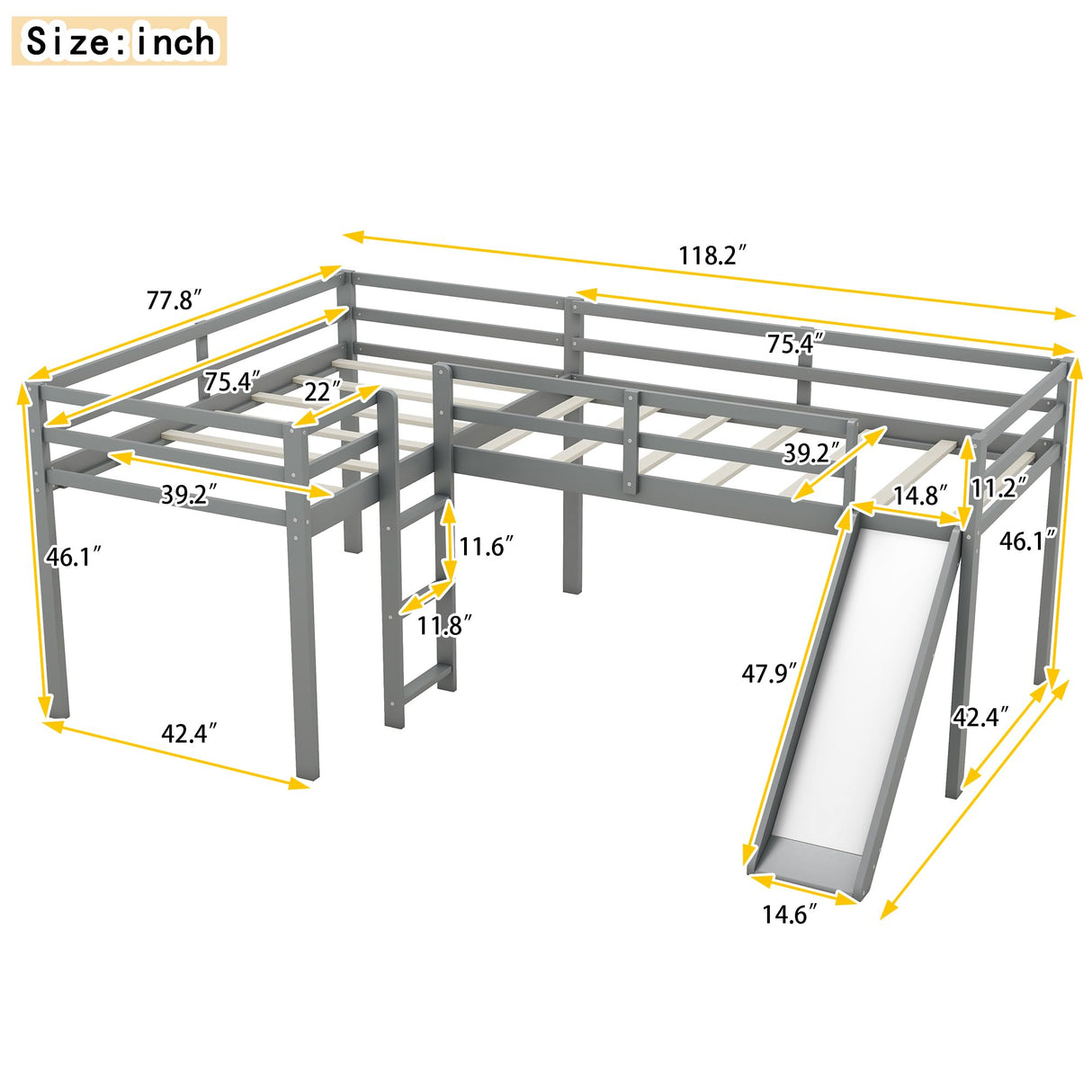 Harper & Bright Designs L-Shaped Loft Bed with Slide, Wooden Low Loft Beds for 2 Kids, Twin Size Low Loft Bed with Built-in Ladders, Gray Harper & Bright Designs
