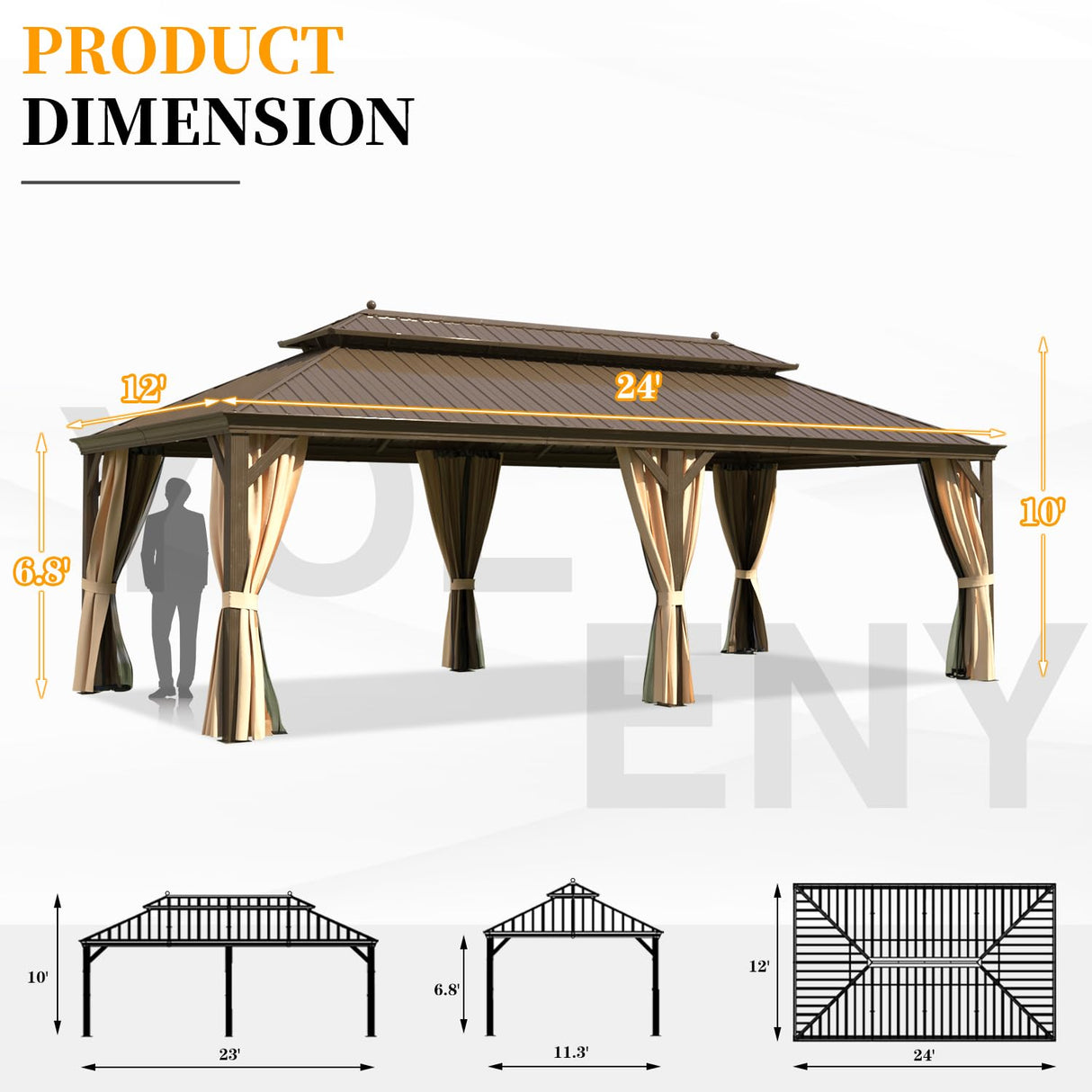 YOLENY 12'x24' Gazebo, Hardtop Gazebo with Galvanized Steel Double Roof, Pergolas Aluminum Frame, Netting and Curtains Included, Metal Outdoor Gazebos for Garden, Lawns YOLENY