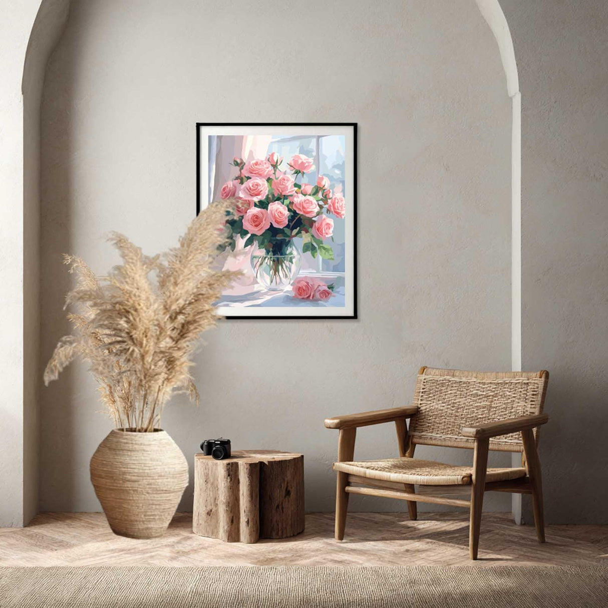 Pink Roses Paint by Numbers for Adults, Flowers in Glass Vase Paint by Number Kits, Window Landscape Wall Art, Floral Flower DIY Acrylic Painting, Home Wall Decor(16x20inch, No Frame) zouewit