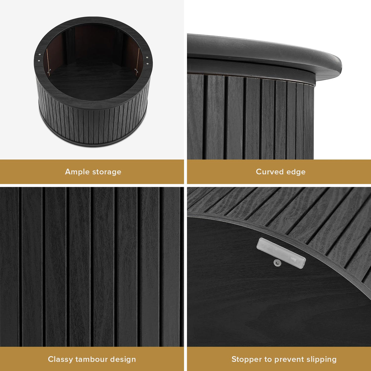 mopio Quin Round Fluted Coffee Table, Tambour Circle Living Room Table, Mid Century Modern Wood Coffee Table with Storage, Drum Center Table with Removable Lid, Accent Tea Table (Black) mopio