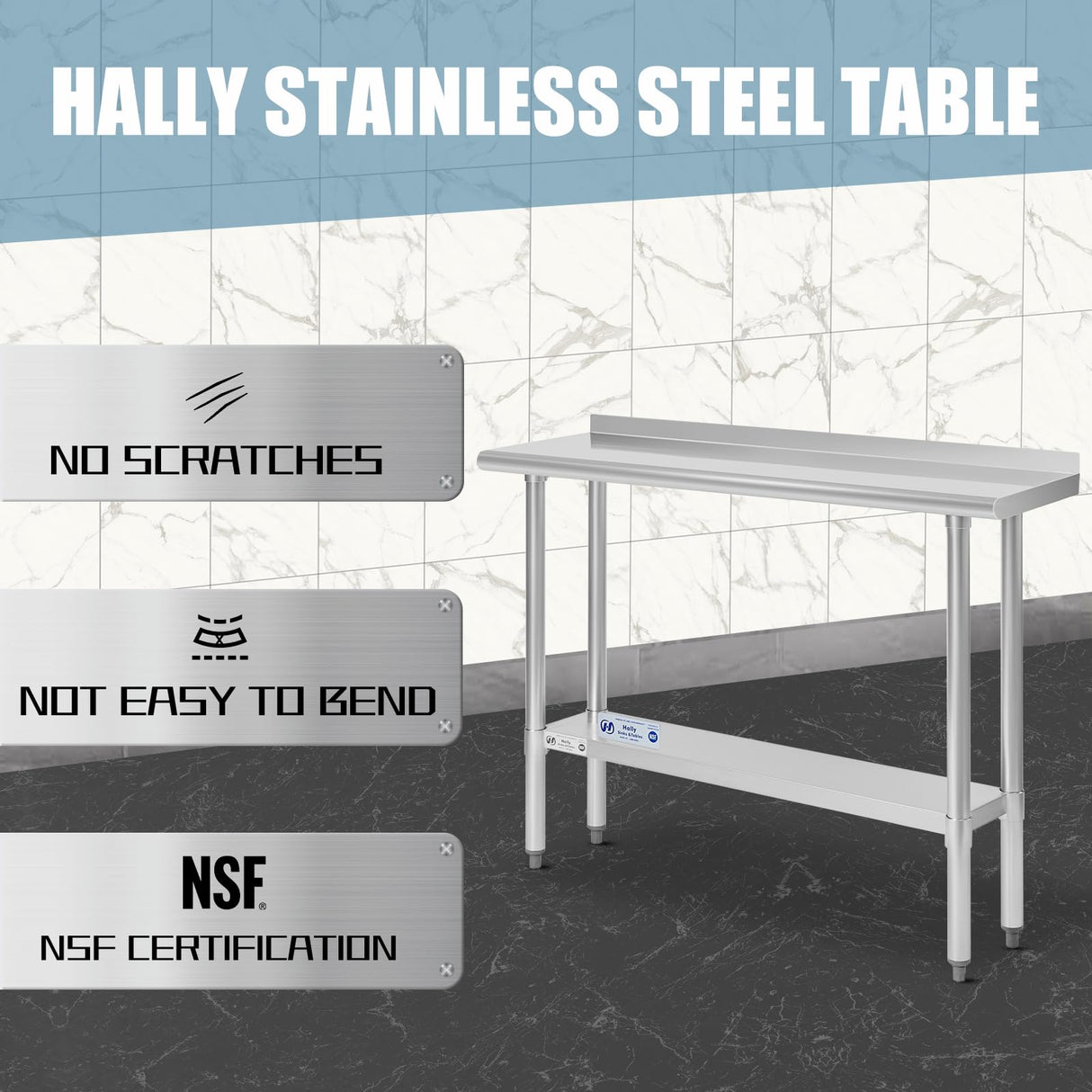 HALLY Stainless Steel Table for Prep & Work 14 x 48 Inches, NSF Commercial Heavy Duty Table with Undershelf and Backsplash for Restaurant, Home and Hotel HALLY SINKS & TABLES H