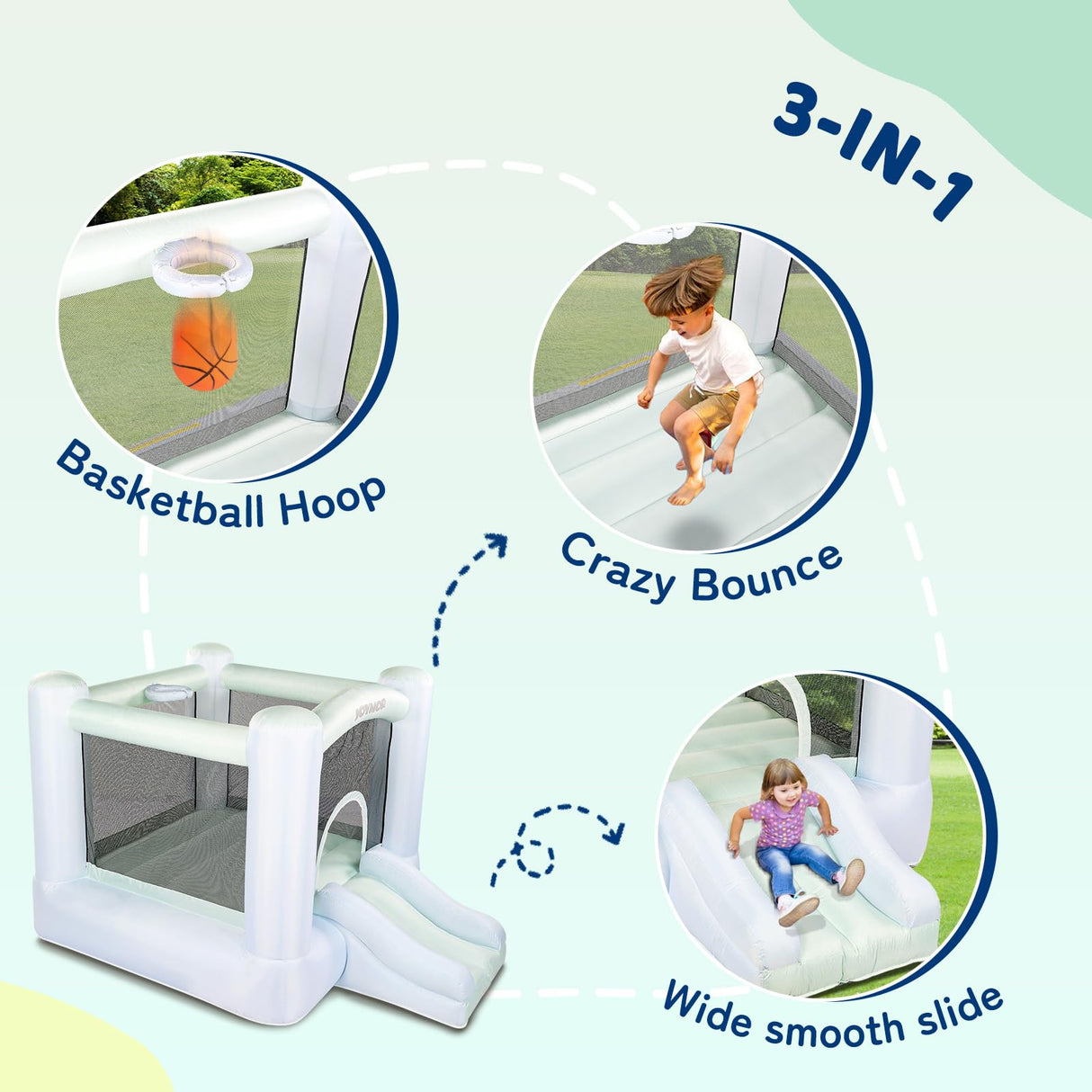 JOYMOR Grandient Style 3-in-1 Bounce House for Kids 3-6 w/Basketball Hoop, Slide, Kids 30s Blow Up Small Bounce House with Blower for Toddlers Indoor Outdoor Party JOYMOR