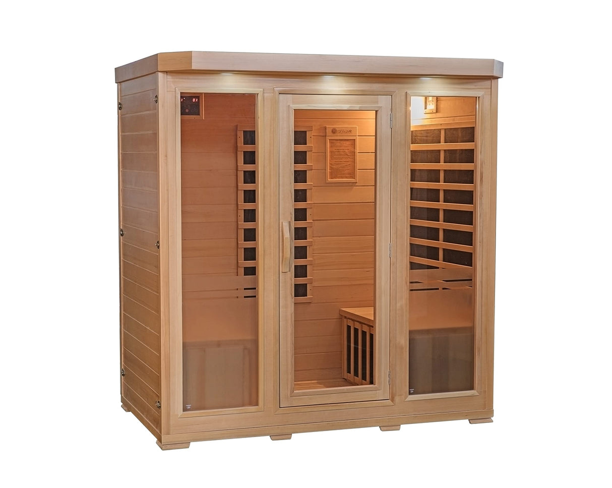 Heat Wave 4 Person Sauna Hemlock Wood Sonoma 9 Carbon Infrared Heaters MP3 Player Chromo Therapy Lighting 120V 2100W Heat Wave