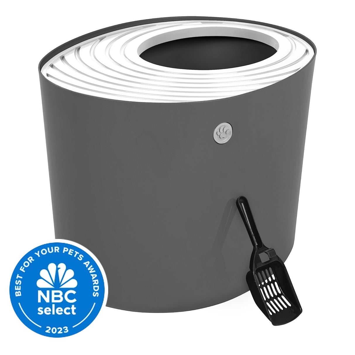 IRIS USA Large Top Entry Cat Litter Box with Scoop, Stylish Round Cat Litter Box Enclosure, Kitty Litter Box, Dark Gray/White IRIS