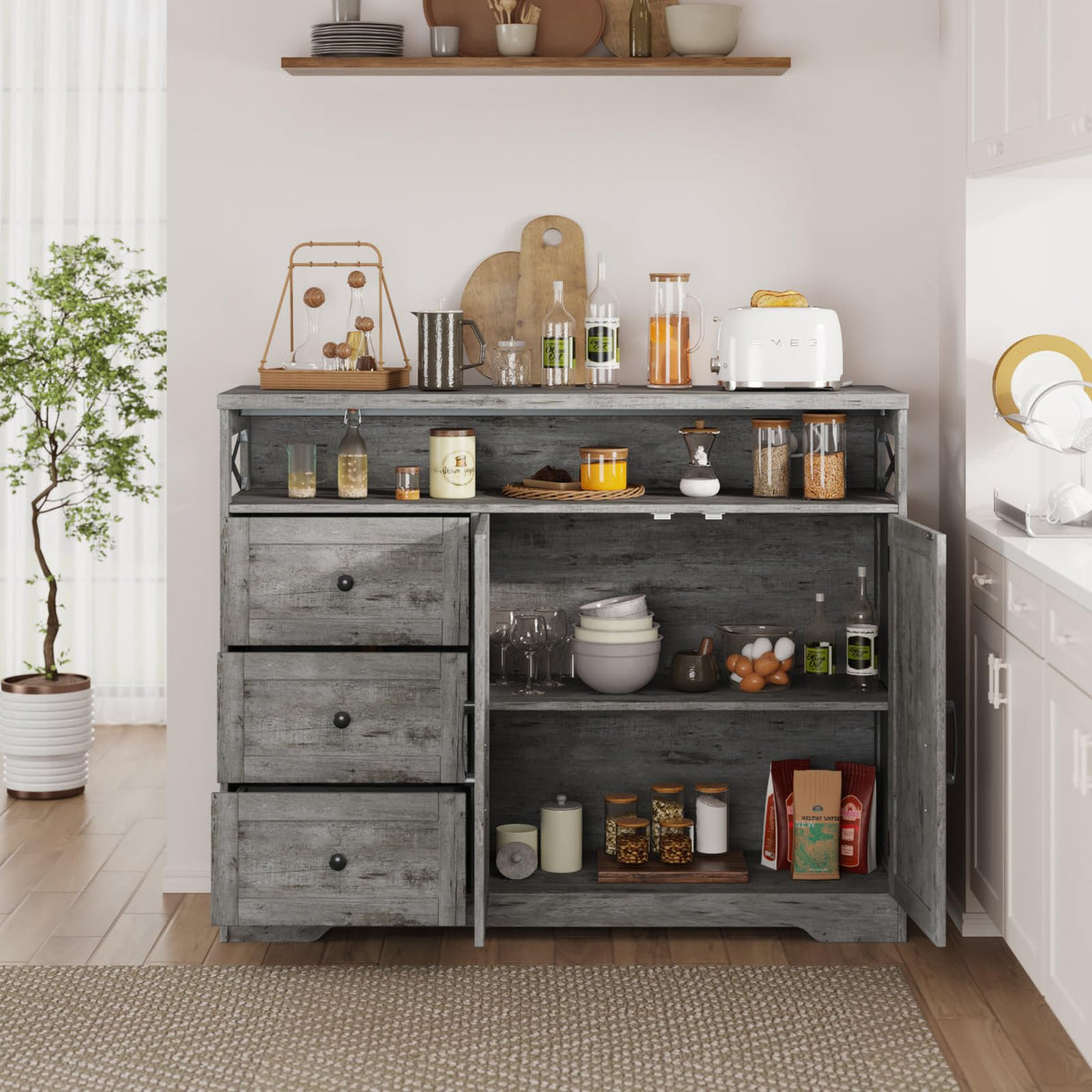 Vabches 47''W Farmhouse Buffet Sideboard with Charging Station and 3 Drawers, Coffee Bar Cabinet Buffet Cabinet with Shelf, Rustic Accent Cabinet with Storage for Kitchen, Dining Room, Washed Gray Vabches