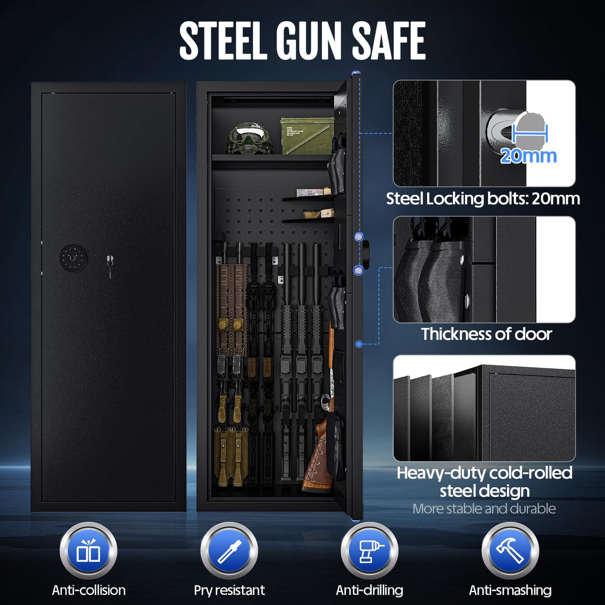 KAER 12-16 Biometric Gun Safe - Large Gun Safe for Rifles and Pistols Quick Access Fingerprint Rifle Safe Home Gun Cabinet for Shotguns with Digital Keypad, Removable Shelf, Gun Racks (Unassembled) KAER