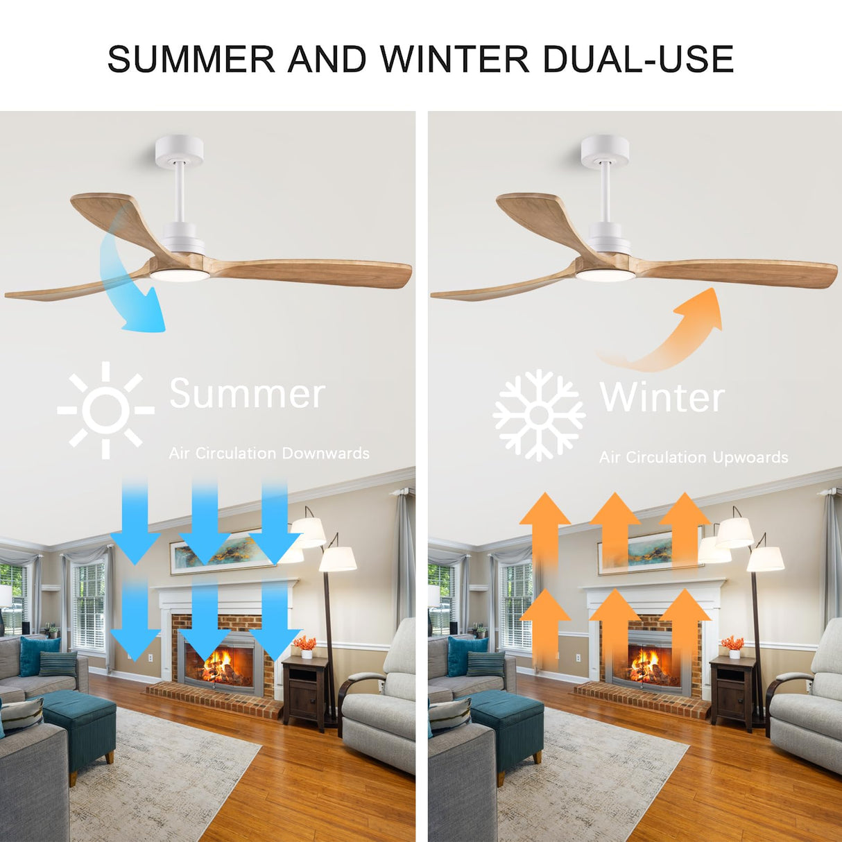 dearnow 60" Ceiling Fans with Light with Remote Control, Indoor Outdoor Wood Ceiling Fan with 3 Wood Blades for Living Room, Hallway, Office, Farmhouse, etc. (White + Wood Color) dearnow