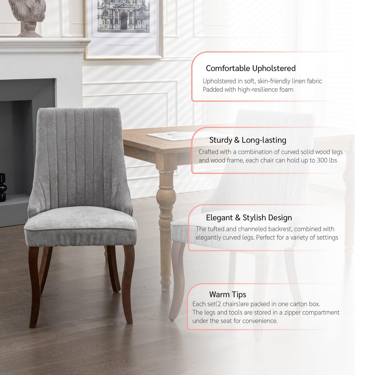 BEIDOR Velvet Dining Chairs Set of 4,Comfy Fabric Upholstered Accent Chairs for Kitchen Living Room,Channel Tufted Dining Room Chairs with Curved Solid Wood Legs(Gray) BEIDOR