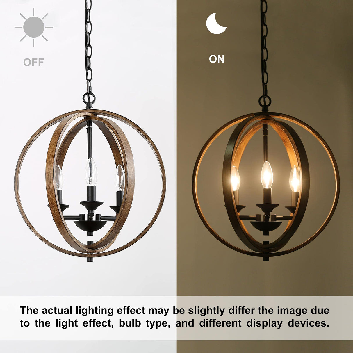 LOG BARN Farmhouse Chandeliers, Faux-Wood Globe Hanging 3-Light Fixture for Dining & Living Room, Bedroom, Foyer and Entryway LOG BARN