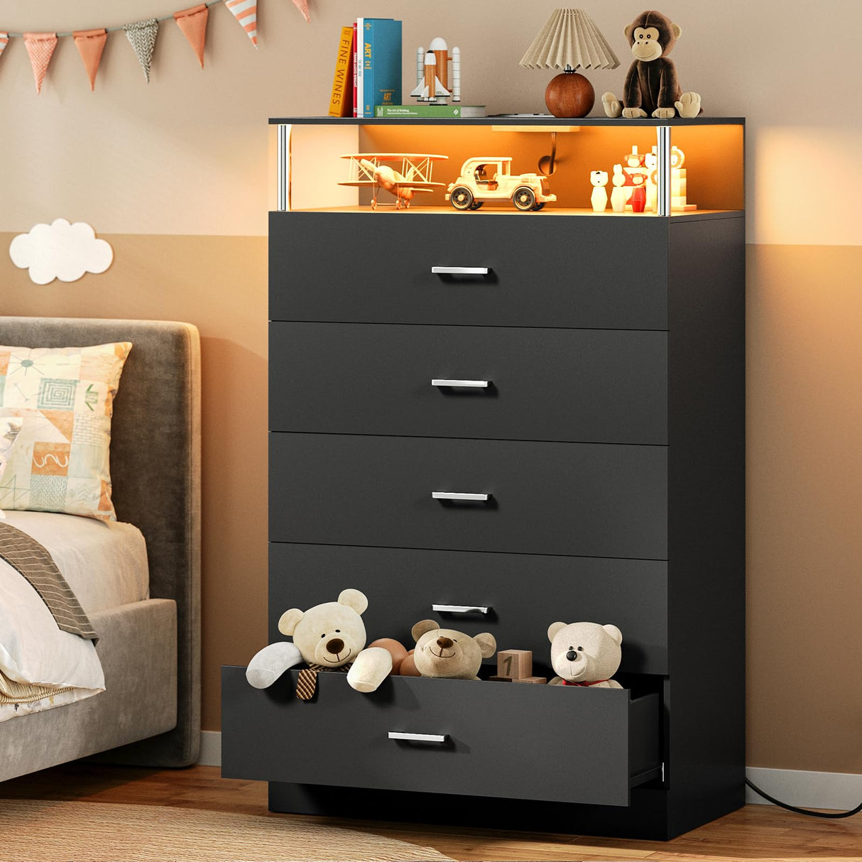 AOGLLATI Black Dresser for Bedroom with Column Design & Charging Station, Led 5 Drawers Tall Dresser for Bedroom,Black AOGLLATI