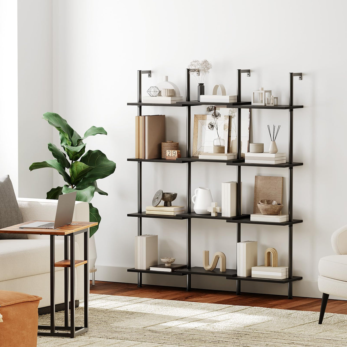 HOOBRO DIY Ladder Shelf, 6-Tier Wooden Wall Mounted Bookshelf, Narrow Bookcase, Display Shelf, Storage Rack, Plant Stand, for Living Room, Bedroom, Study, Balcony, Black BB651CJ01 HOOBRO