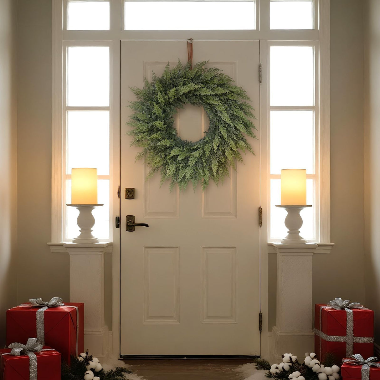 24" Real Touch Artificial Cedar Wreath - Faux Christmas Wreaths for Front Door,Faux Pine Green Wreath for Home, Holiday, Fireplace, Mantle,Wall, Windows, Xmas, Outdoor Decoration FOTEEWL
