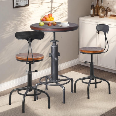 Topower 3 Piece Pub Table and Stool Set Round Bar Table Adjustable Height Coffee Table Farmhouse Counter Height Bar Stools with Backrest Silver 1 Table + 2 Stools
