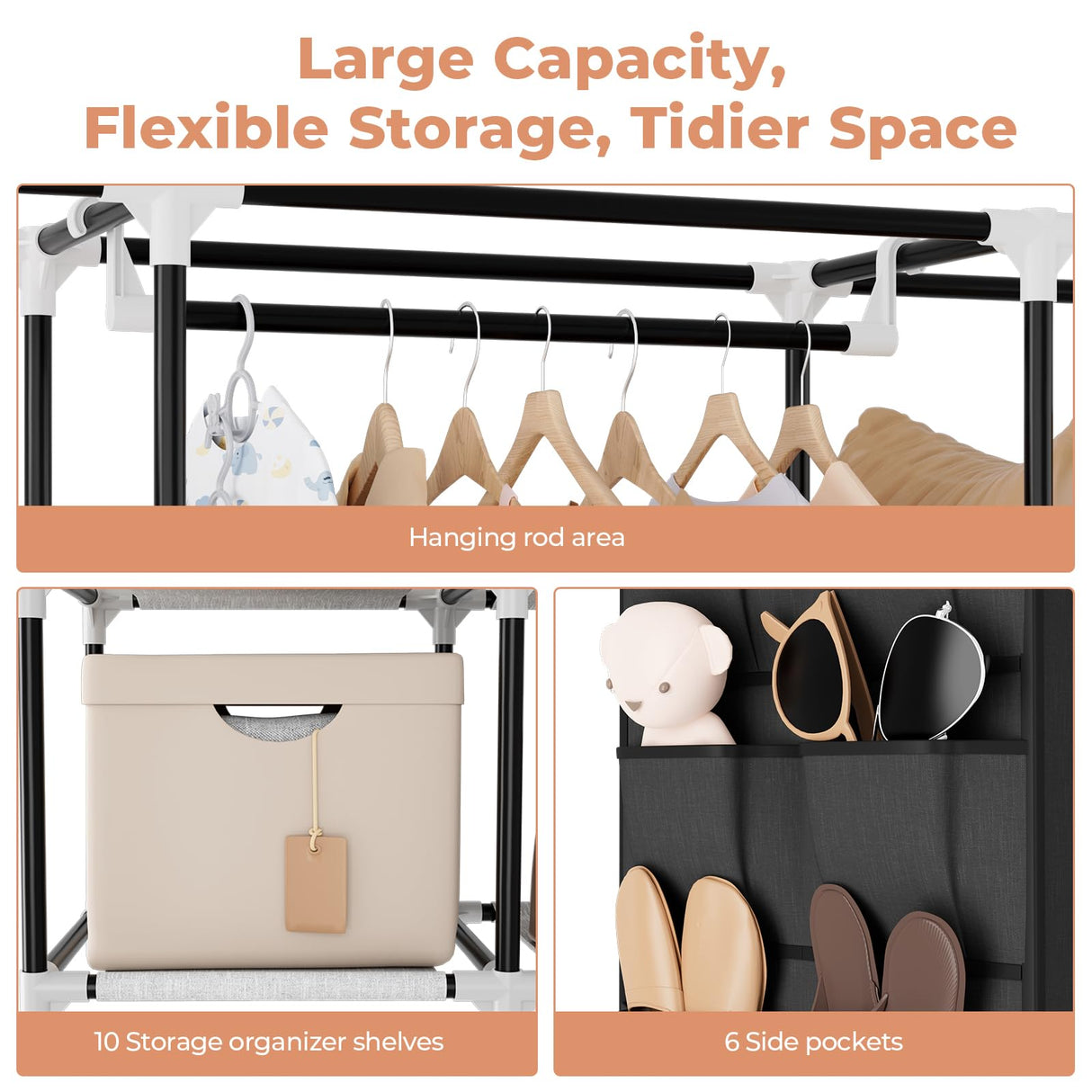 VTRIN Portable Closet Wardrobe for Hanging Clothes 57.3 Inch Large Capacity Clothes Rack with Cover, 10 Storage Organizer Shelves, 1 Hanging Rods and 6 Pockets, Free Standing Closet for Bedroom, Black VTRIN