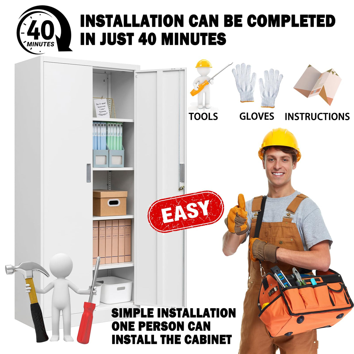 TaskStorz Steel SnapIt Cabinet, 72 Inch Metal Storage Cabinet with Locking Doors and Adjustable Shelves, Metal Garage Cabinet, Tool Cabinets for Office, Garage and Home Use, 72"H x 32"W x 18"D (White) TaskStorz