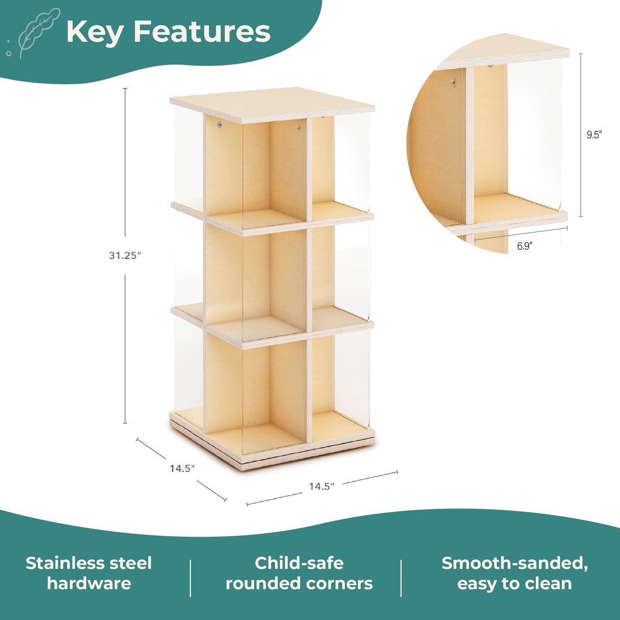 Guidecraft EdQ Kids Rotating Bookshelf: Natural Wood Revolving Bookcase - 360 Degree Spinning Book Shelf Tower with Acrylic Montessori Storage for Classroom, Bedroom and Playroom | Toy Organizer Guidecraft