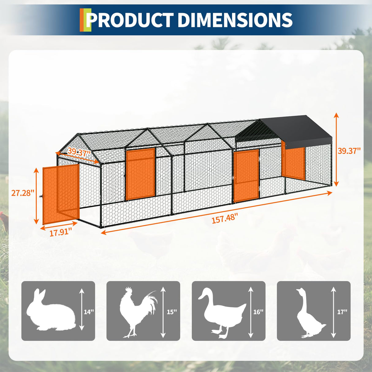 Garvee Large Metal Chicken Coop, Chicken Runs for Yard with Waterproof and Anti-UV Cover, Portable Chicken coop for Outdoor Chicken Rabbit Duck, Black, 160"×40"×40" Garvee