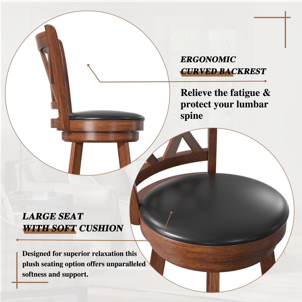 24" Counter Height Swivel Bar Stools - High Back Swivel Counter Stools with Upholstered Seat & Solid Wood Footrest, Counter Bar Chairs for Kitchen Island & Pub (Brown, Set of 2) Betterhood