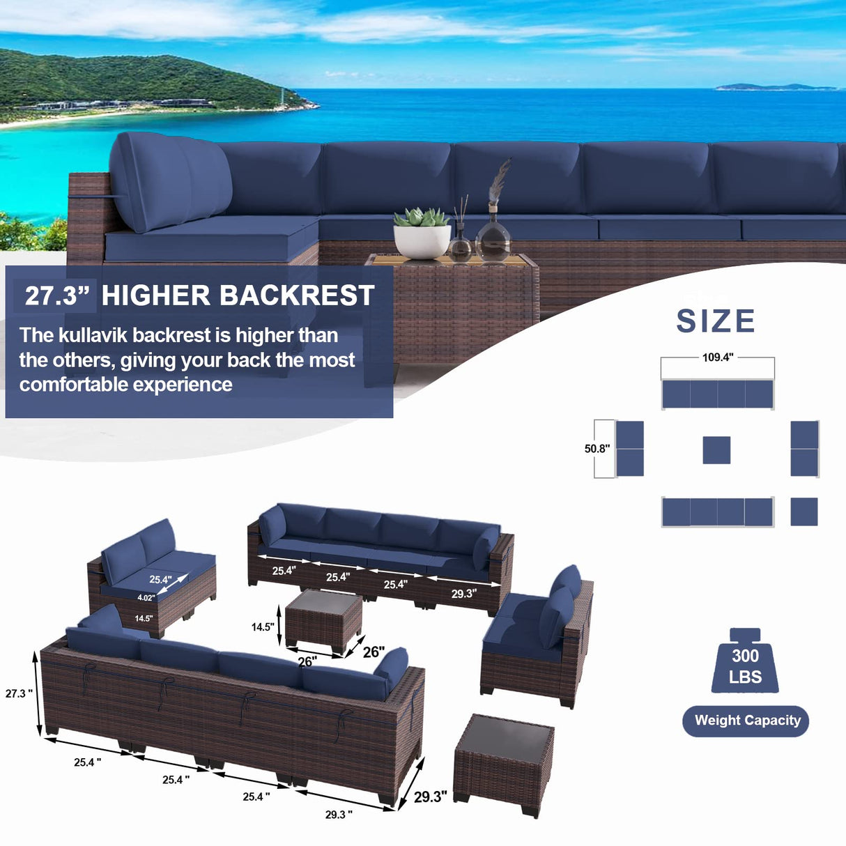 Kullavik 14 Pieces Outdoor Patio Furniture Set Outdoor Sectional Rattan Sofa Set Brown Manual Wicker Patio Conversation Set with Navy Blue Cushions,2 Tempered Glass Tea Table and Cushions Covers Kullavik