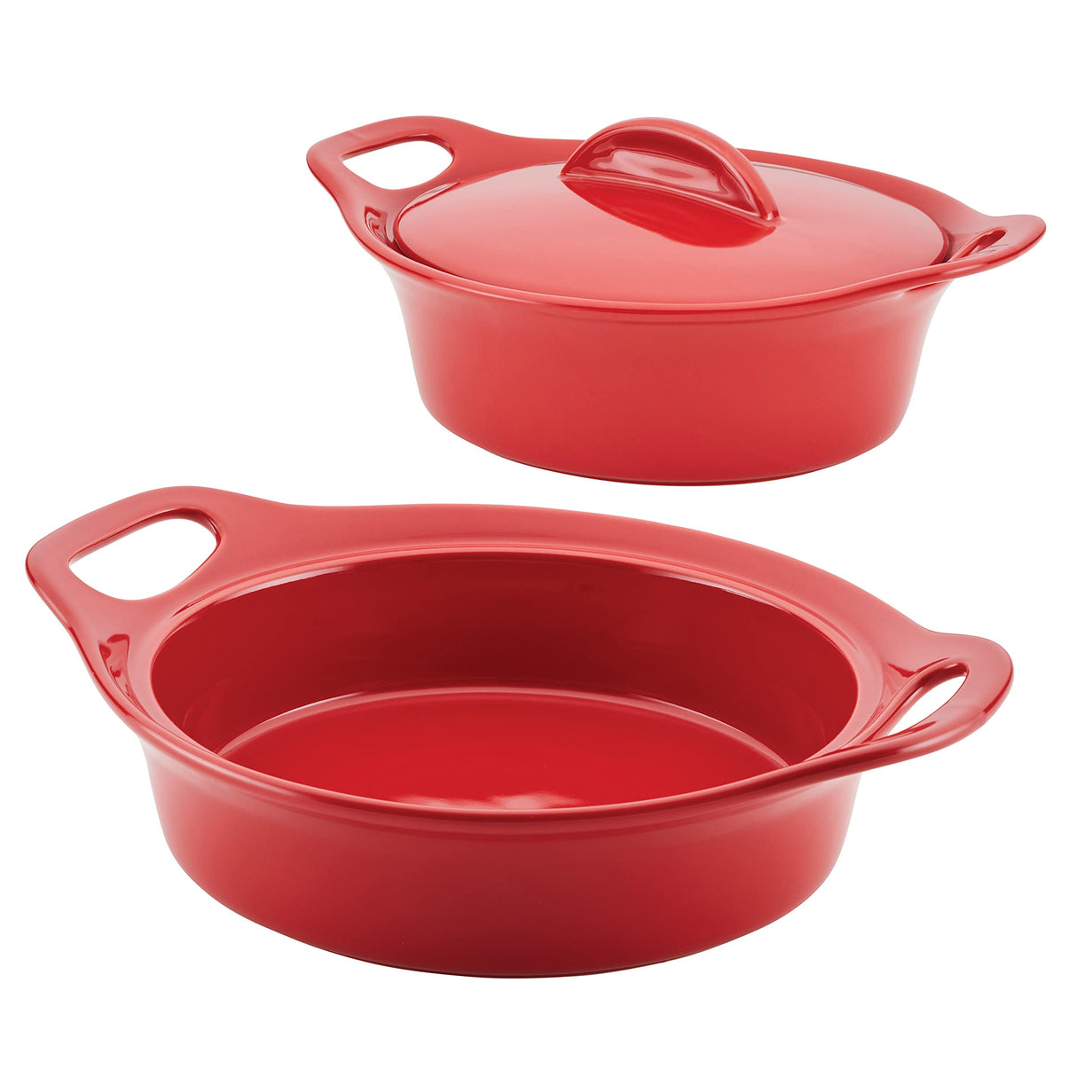 Rachael Ray Solid Glaze Ceramics Casserole Bakers/Baking Dish with Shared Lid Set, 3 Piece, Red Rachael Ray