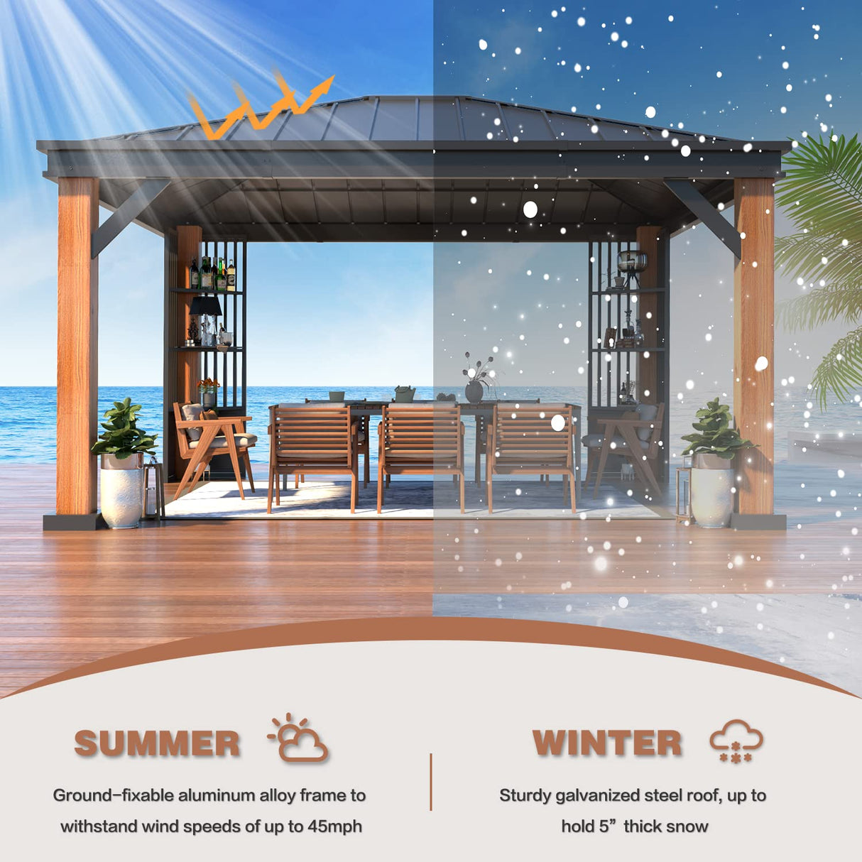 YOLENY 12' x 14' Ultra-Thick Columns and Beams Hardtop Gazebo, Faux Wood Grain Metal Gazebo with Storage Shelves, Vertical Stripe Galvanized Iron Roof, Outdoor Patio Gazebo for Patio YOLENY