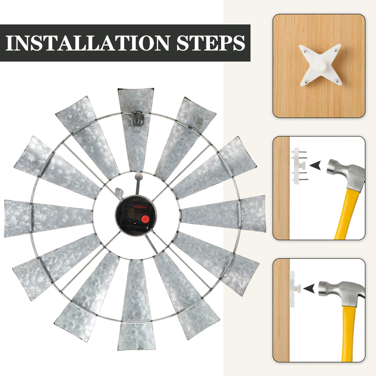 Wesiti 3 Pcs Metal Windmill Clock Large Farmhouse Wall Decor Clock 20 Inches Rustic county Wall Decor for Farmhouse Kitchen Living Room Bedroom Nursery Home Wesiti