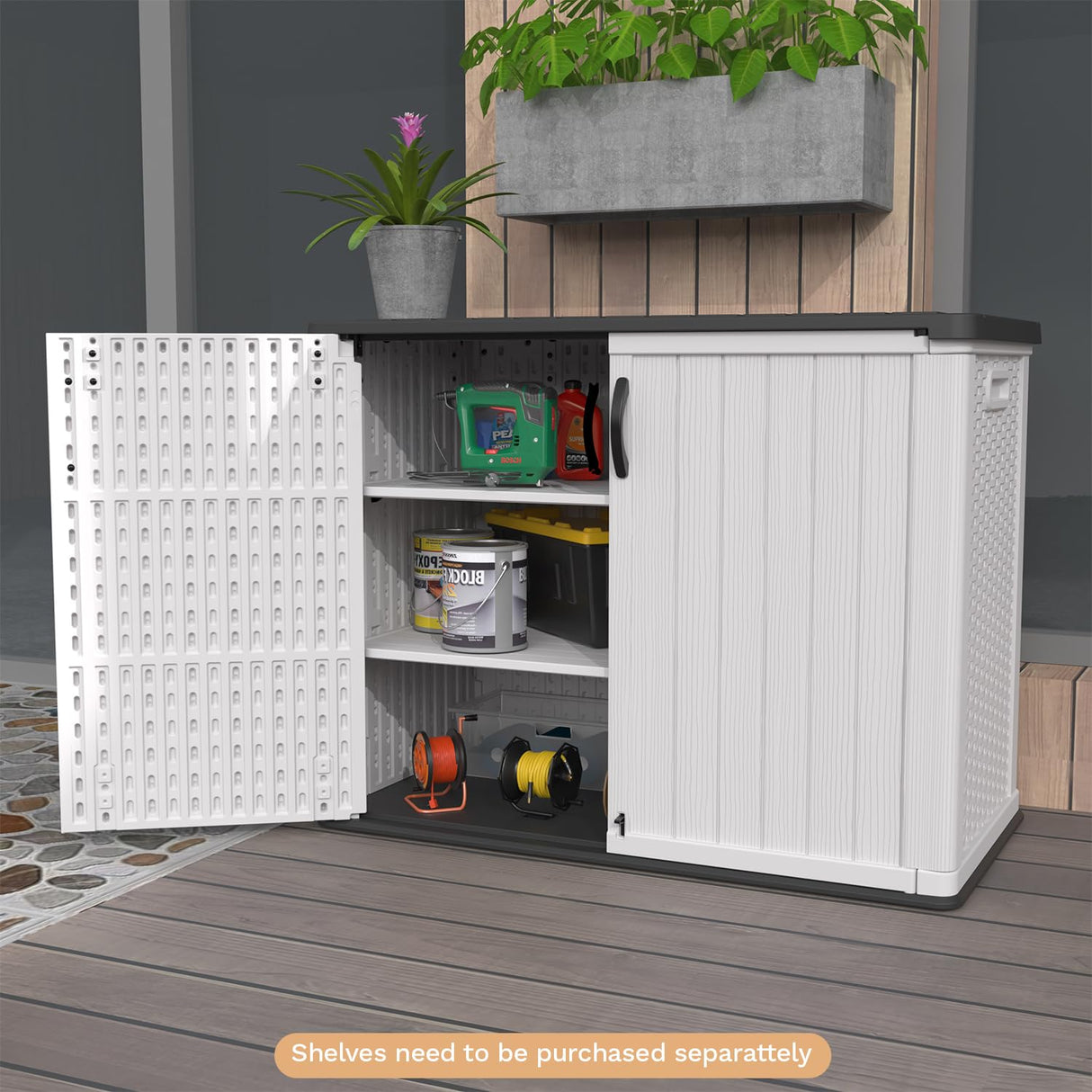 Patiowell 26 Cu.ft Plastic Outdoor Storage Cabinet, Lockable Waterproof Horizotal Storage Shed, Tool Box for Patio, Garden Tools, Garbage Cans, Pool Supplies, Easy Assembly, White(Not Include Shelves) Patiowell