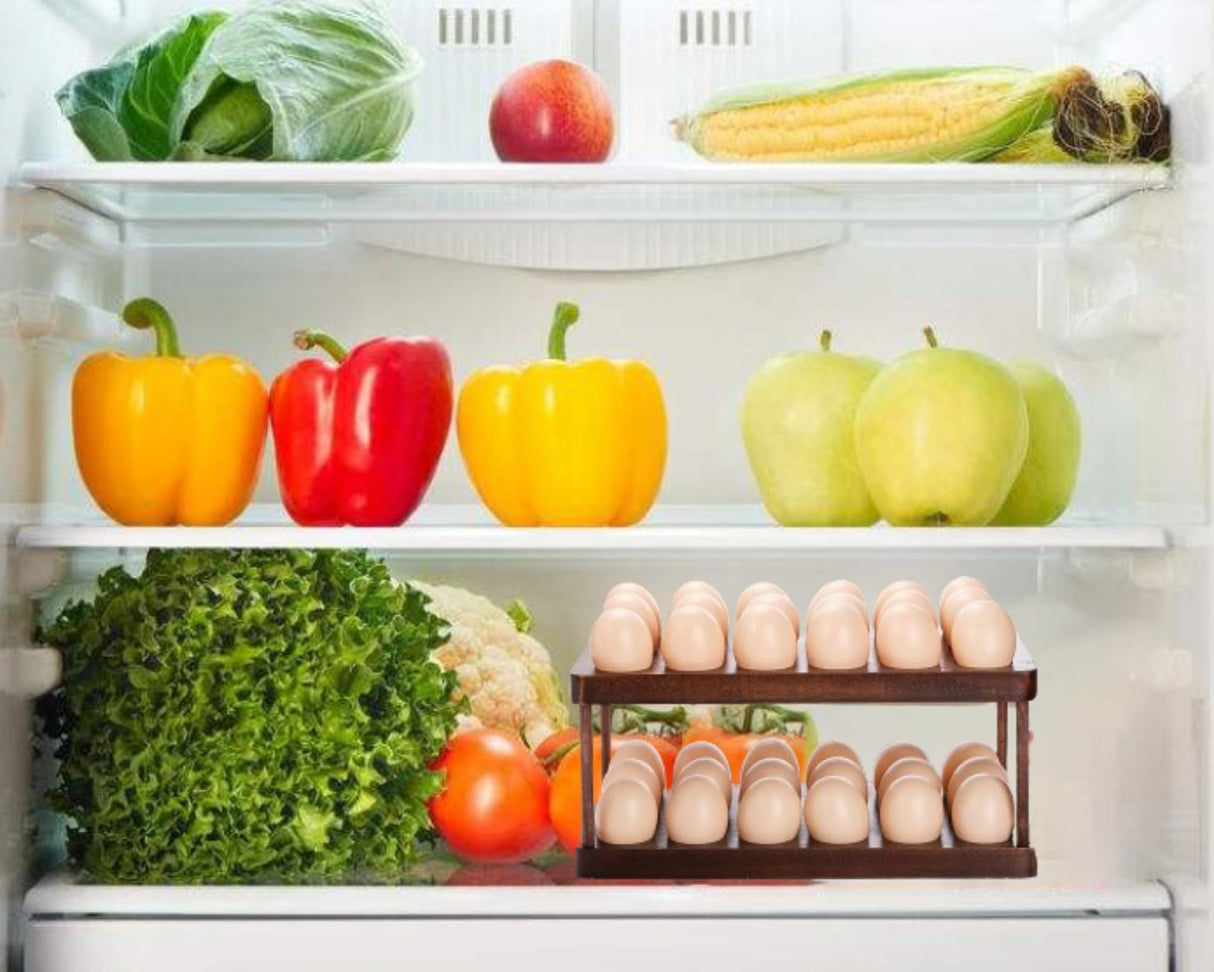 Acacia Wooden Double Layer Egg Holder, 36 Capacity Farmhouse Kitchen 2 Tier Fresh Egg Storage Rack Basket, Deviled Egg Plates Egg Tray Organizer for Countertop Lurockie