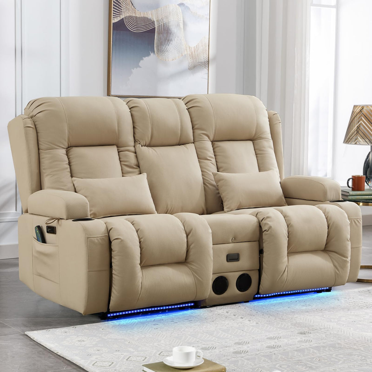 IPKIG Power Loveseat Recliner Sofa with Flip-Up Backrest Console, Drawer, AC Outlet, LED Light, Bluetooth Speakers, Wall Hugger Recliners for Living Room, RV, Home Theater (Beige, Loveseat) IPKIG