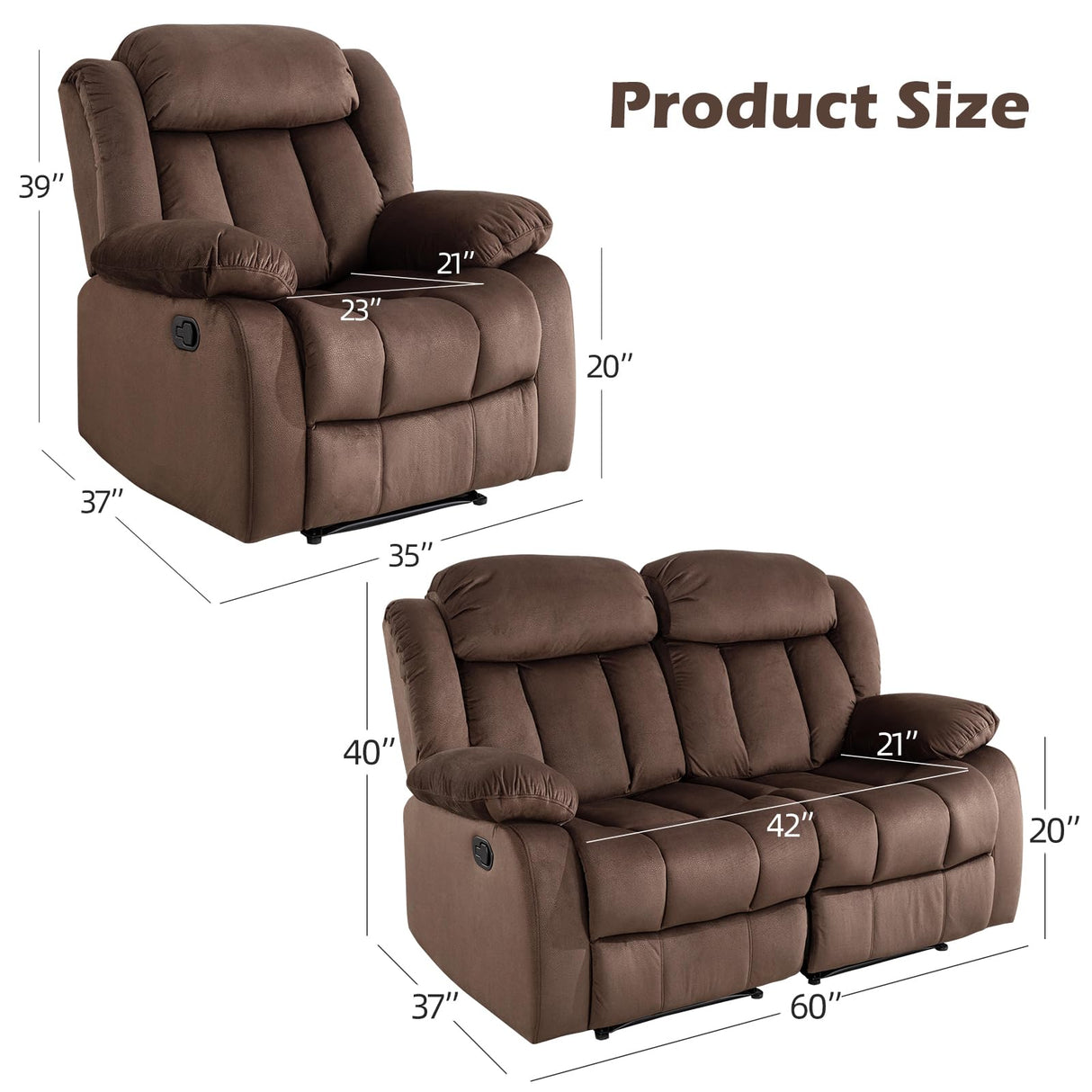 INZOY Manual Reclining Sofa Set, Included Manual Single Recliner Chair and Wall-Hugger 2 Seat Recliner Loveseat, Modern Double Reclining Sofa Couch for Living Room Furniture, Brown, 1+2 INZOY