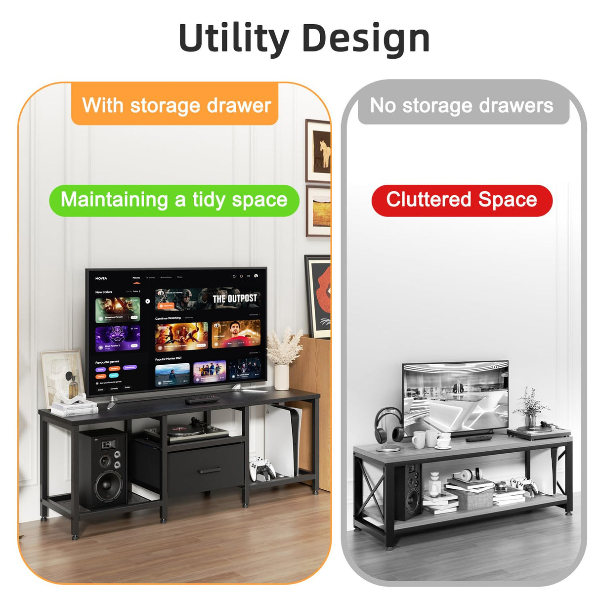 Ginzeca Stylish Television Stand with Fabric Storage Drawer for TV up to 55 Inches,Extra Strong Load Bearing,TV Media Console Table with Open Storage Shelves for Living Room, Bedroom,Home Office Ginzeca