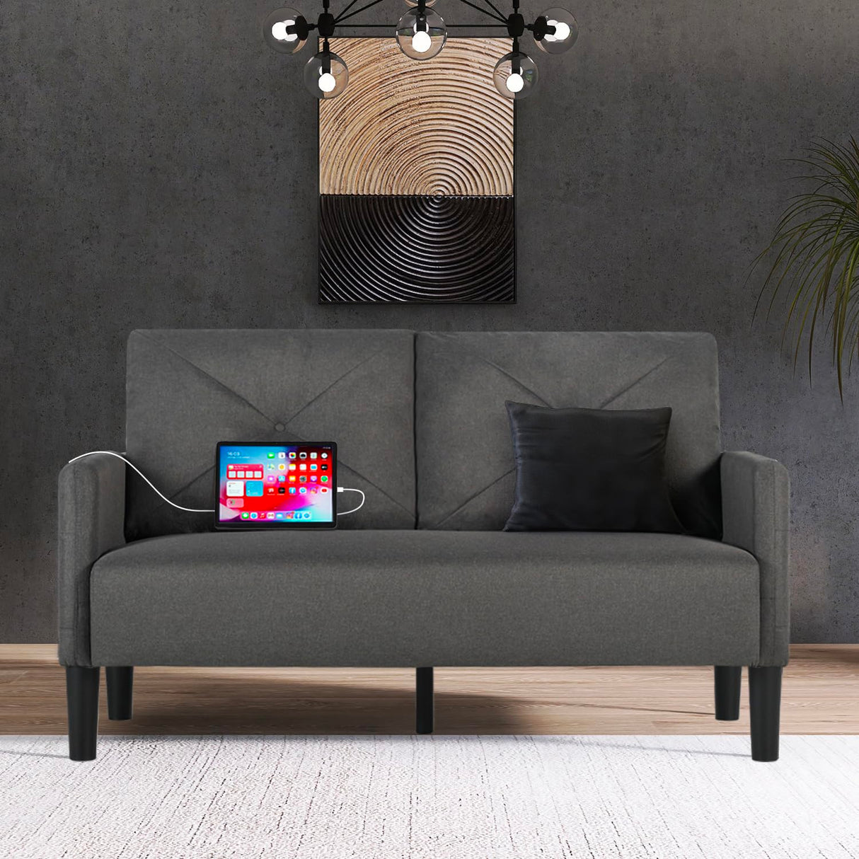 CHYMSUN 56" W Loveseat Sofa, Mid Century Modern Sofa Couch w/ 2 USB & Side Pocket, Small Love Seat Sofas for Living Room, Tufted Couches for Small Spaces, Bedroom, Office, Apartment (1, Dark Grey) CHYMSUN