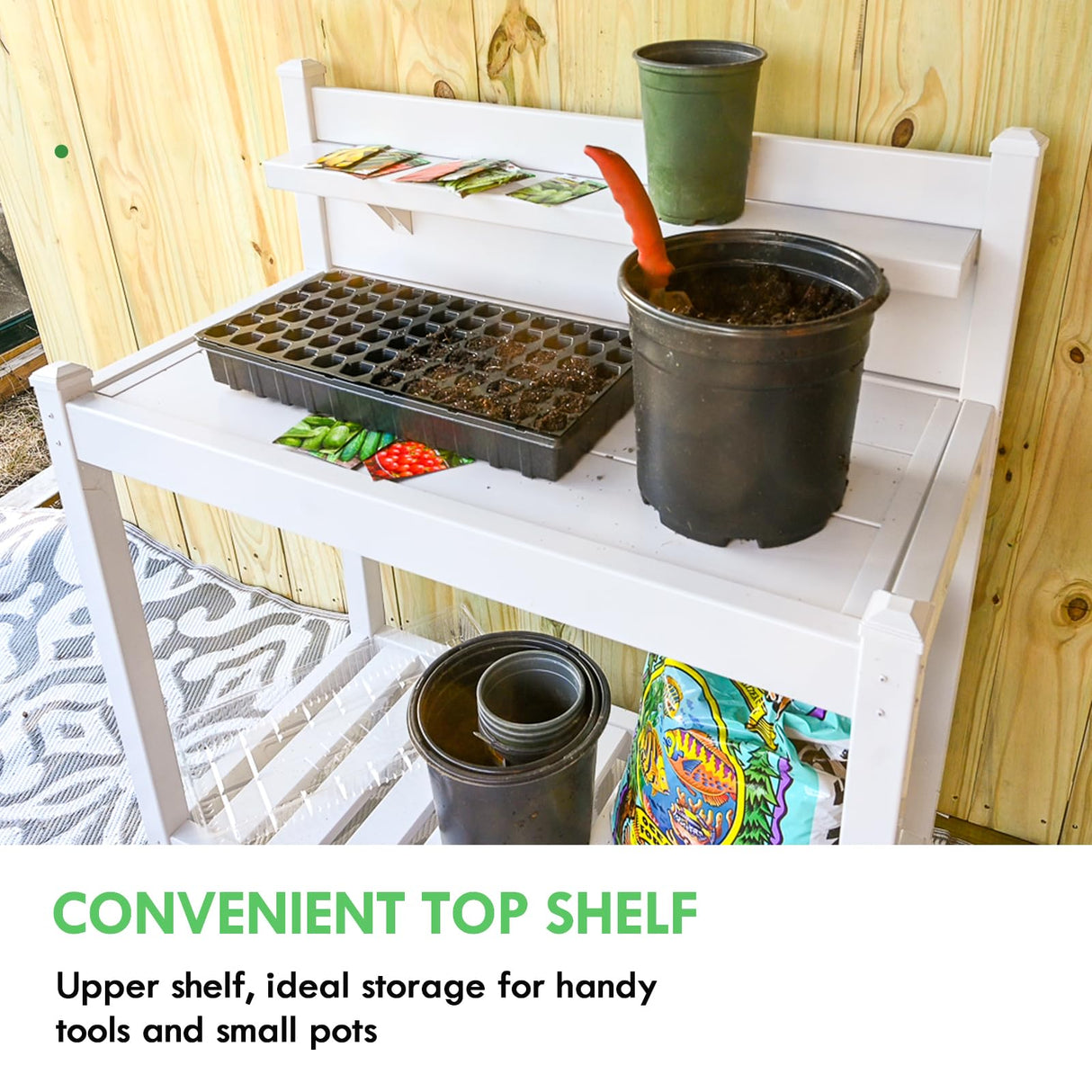 EAGLE PEAK Outdoor Indoor Maintenance Free Vinyl Garden Potting Bench, Waterproof Potting Table with Open Shelf, Lower Storage, 40inx21.6inx43.9in, White EAGLE PEAK