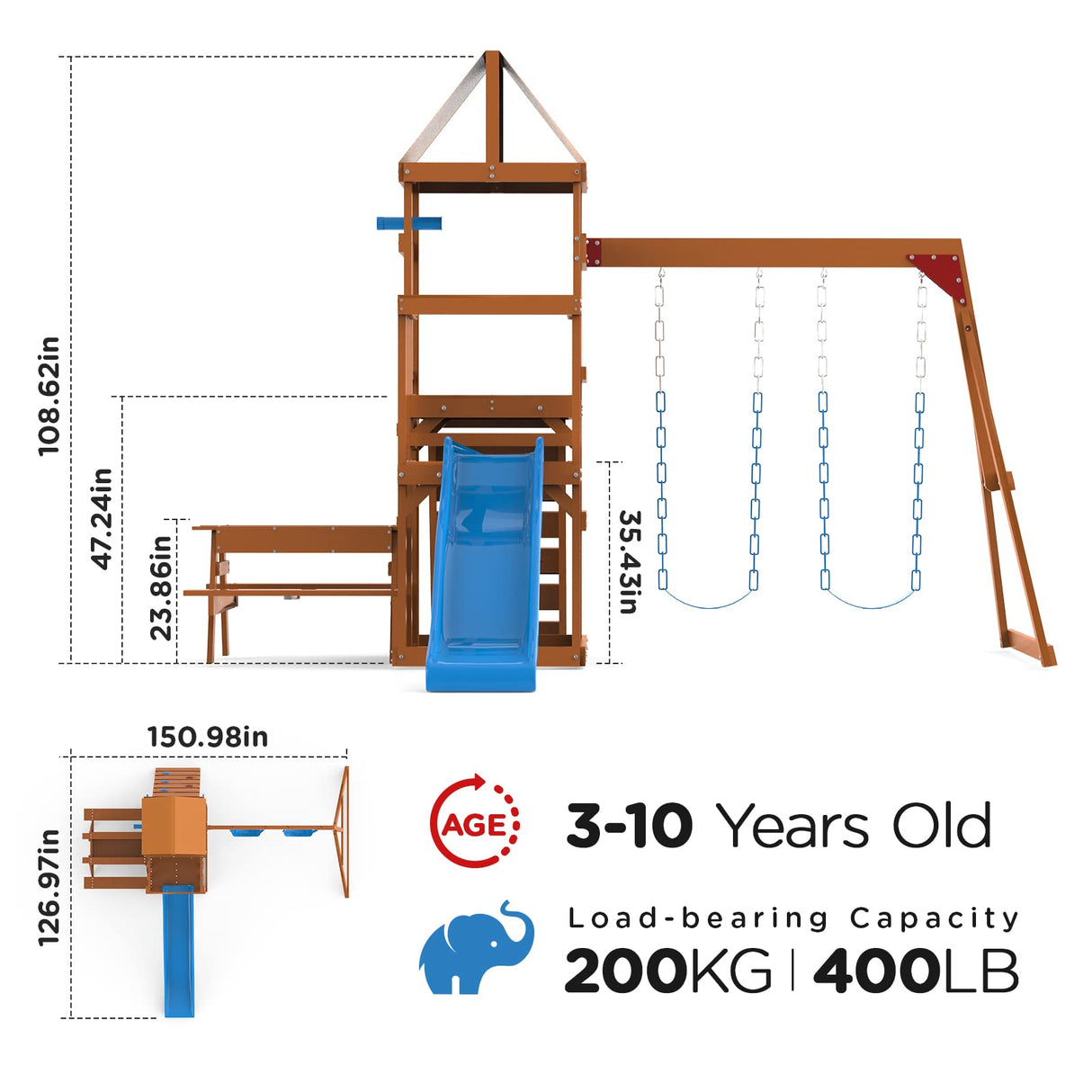 Dolphin Playground Cedar Wooden Swing Sets for Backyard, Playground Sets for Backyards with 2 in 1 Outdoor Table, Wave Slide, Climbing Wall, and 2 Belt Swings, Outdoor Playset, No Monkey Bar DOLPHIN PLAYGROUND T