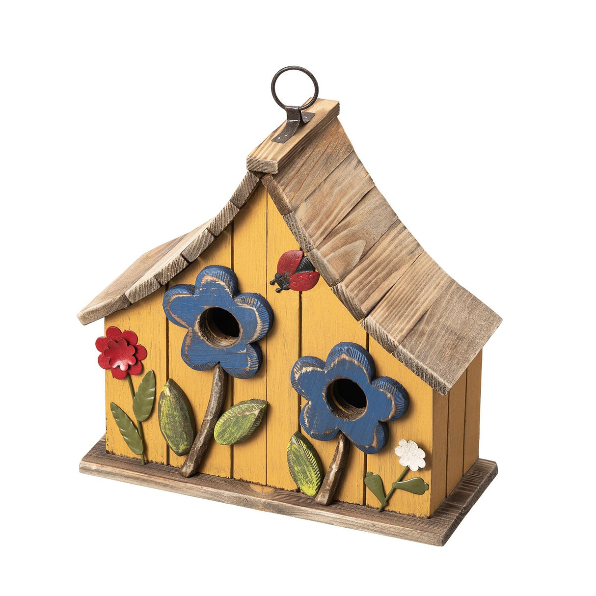 Glitzhome 10.75" L Distressed Solid Wood Hanging Birdhouse with 3D Flowers Rustic Two-Story Townhouse Hand-Painted Garden Bird Houses for Outdoors,Washed Yellow Glitzhome