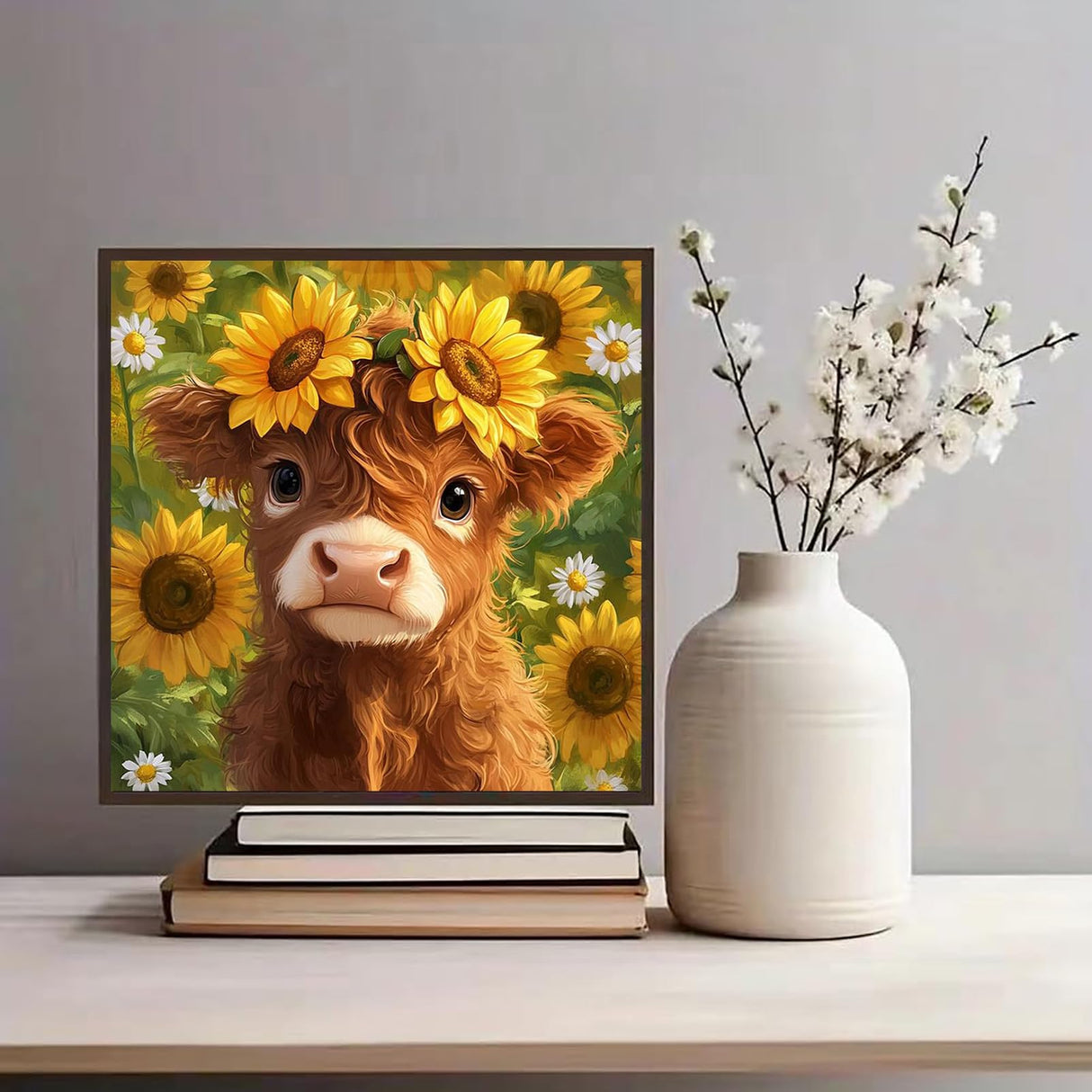 KINPLUB Highland Cow Diamond Art Kits for Adults Beginners, Cow Sunflowers Diamond Painting Kits for Adults, DIY Full Drill Round Gem Art Dots for Home Wall Decor 12x12 Inch KINPLUB