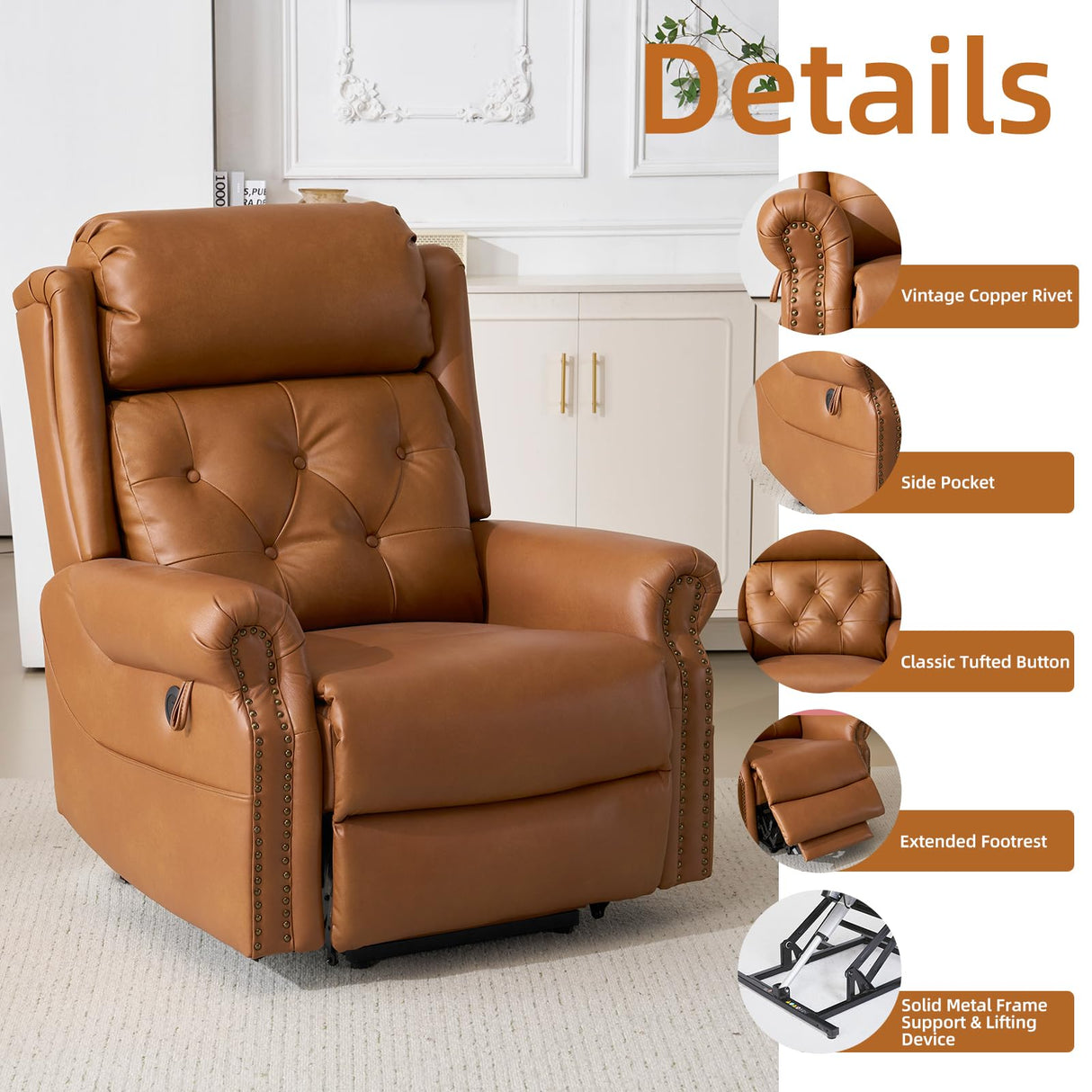 RUTOX Large Power Lift Recliner Chair for Elderly, Lay Flat Lift Chair with Adjustable Headrest, Leather Recliner Lift Chairs with Massage and Heat, Infinite Position,Extended Footrest, Camel RUTOX